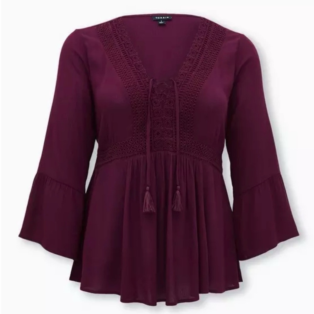 Torrid NWT Babydoll Gauze Crochet Trim Lace-Up Top Size 1X 14-16 Boho Soft Gauze